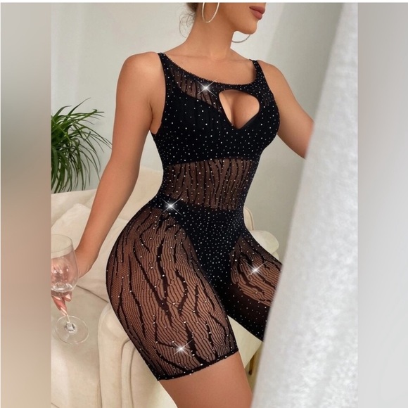 BLACK MESH RHINESTONE BODYSTOCKING BODYSUIT ROMPER LINGERIE - Picture 5 of 7